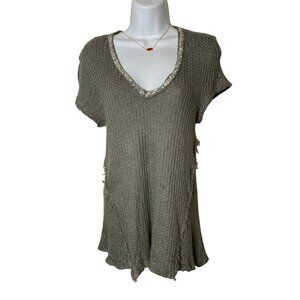 JUICY COUTURE Gray Waffle Metallic Knit Embellished V-Neck Tunic Tee, M